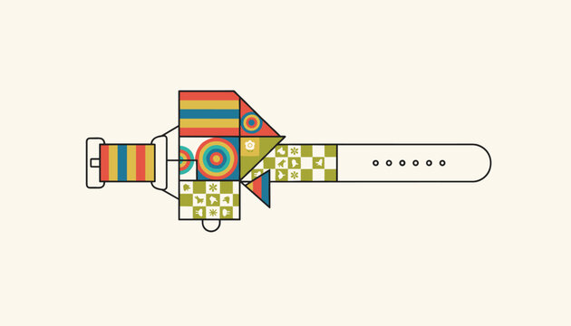 Colorful wrist watch made of abstract geometric shapes like circles, squares, and triangles in retro colors on beige.
