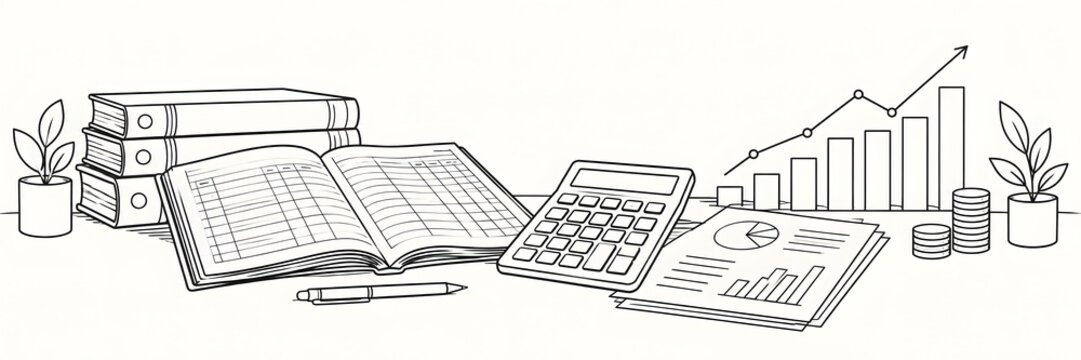 Minimalist Line Art Accounting Desk Banner, Financial Growth Ledger Illustration, Office Bookkeeping Workspace Concept