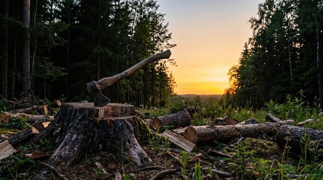 Axe embedded in tree stump among felled timber in forest clearing at sunset. Forestry and woodcutting. Logging and lumber production. Woodland resource management and timber industry.