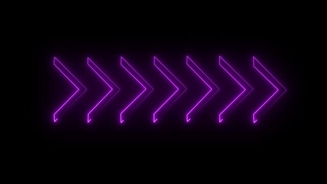 animation of glowing neon arrows in magenta on reflecting floor.glowing neon arrow pointer left arrow signs on black background, button for social media illustration
