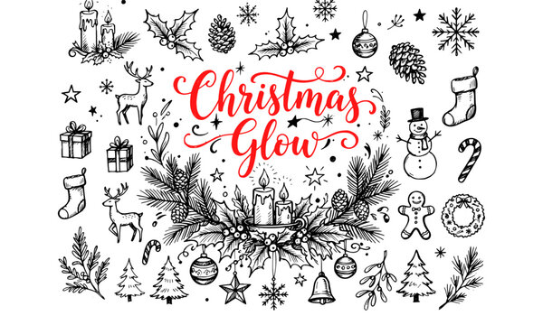 Christmas Glow floral wreath with scattered holiday ornaments deer icons vector illustration