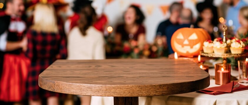 Empty dark oak table surface with copy space for product mockup, featuring a cozy halloween party and glowing jack lantern background