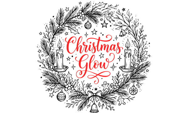 Christmas Glow wreath typography with lush pine cone foliage winter seasonal vector illustration.