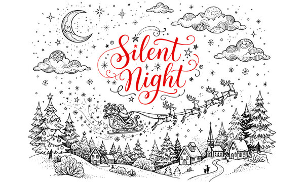Silent Night winter landscape coloring page with Santa Claus sleigh village snow vector illustration
