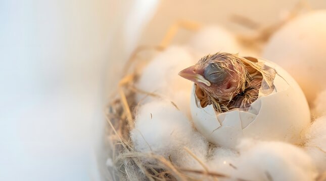 A newborn songbird chick emerging from its egg shell inside a cozy nest in close up view