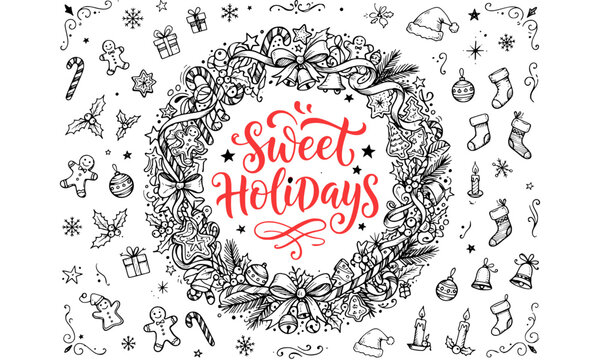 Sweet Holidays Christmas wreath with festive hand drawn doodle icons winter seasonal vector illustration