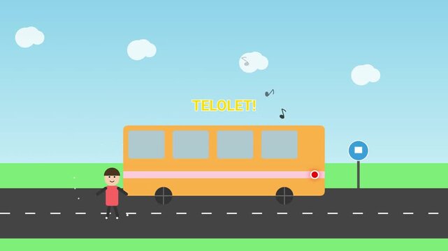 Animated Yellow Bus Honking Om Telolet Om Horn to Happy Kid on the Road 2D Motion Graphics  