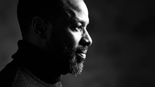 Man in profile, close up, face in shadow, beard with water droplets, dramatic lighting, black and white portrait, pensive mood