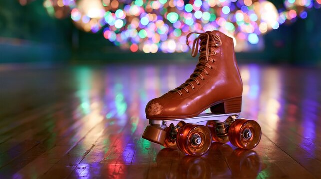 Roller skate with a worn leather finish on a glossy wooden dance floor, glowing under disco lights for nightlife and event posters