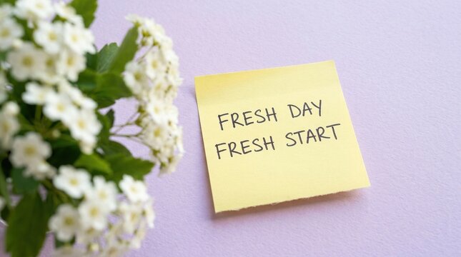Fresh Day Fresh Start handwritten note with white flowers on a purple background