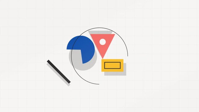 Abstract composition of geometric shapes including a blue circle, red triangle, and yellow rectangle on a grid background