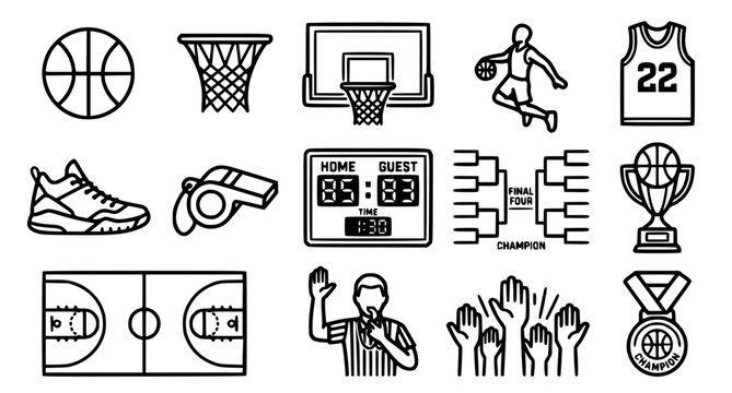 Basketball Tournament Game Day Outline Icons Editable Stroke Vector Set
