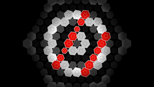 Abstract digital background with a glowing red hexagonal pattern forming a circular shape with a central question mark symbol in dark space