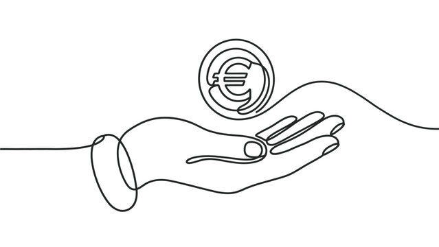 Continuous line drawing of a hand holding a euro coin symbol