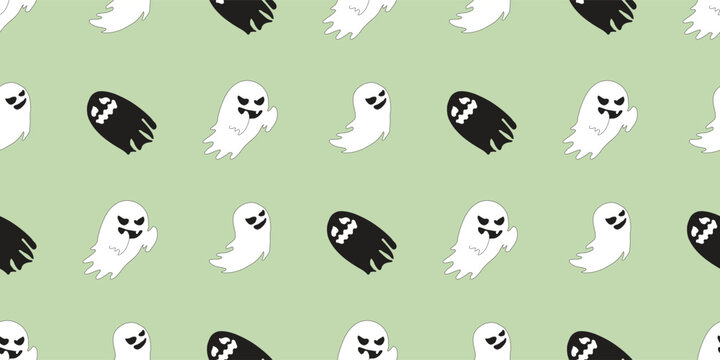 Cute Halloween seamless pattern with flying white ghosts and scary black ghosts on a pastel green background. Vector illustration.