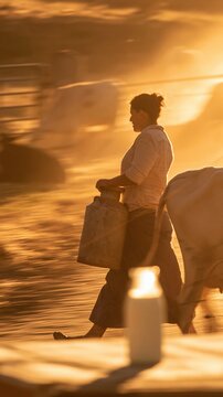 Female farmer carrying a milk churn along a sunny dairy farm lane, with a glass bottle of fresh milk on a wooden table for organic food branding