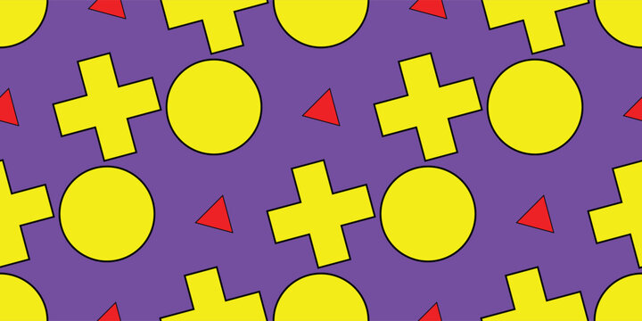 Seamless retro memphis geometric pattern background with yellow circles, crosses, and red triangles on purple.