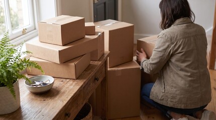 Fototapeta premium Woman packing cardboard boxes for moving house or shipping
