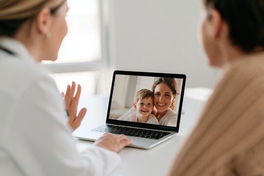 European doctor hands waving during an online consultation with a mother and child on a laptop screen, for healthcare and medical communication