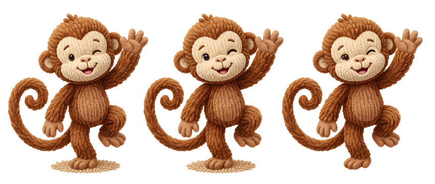 Monkey cartoon character, three cute animals and plush toy for kids, children and nursery education. Brown chimpanzee, waving hand and winking on white background for stickers, gaming or book.