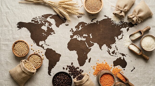 Global food commodities including rice soybeans coffee beans wheat and lentils on world map