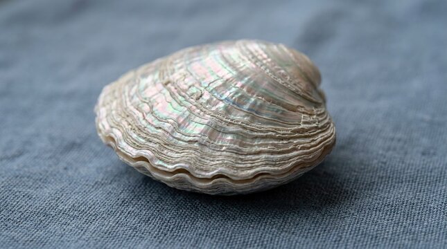 Close up of a large iridescent seashell resting on a textured blue fabric surface