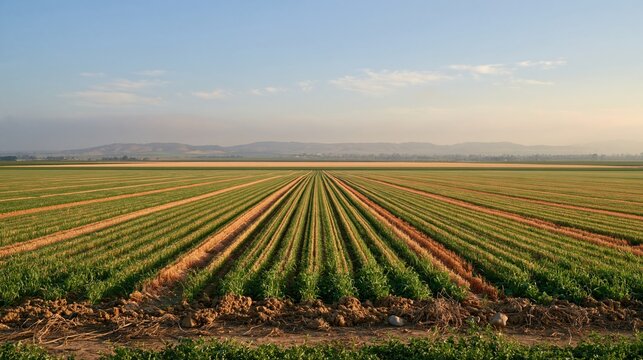 Plowed field with converging furrows of fresh soil and green crops under a soft light, ideal for agriculture and rural economy features