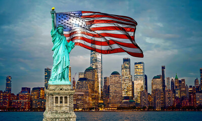 Statue of Liberty in New York. American flag with Statue of Liberty. Statue of Liberty and USA flag. Manhattan with Statue of Liberty. American flag in New York. USA with American flag. © Volodymyr