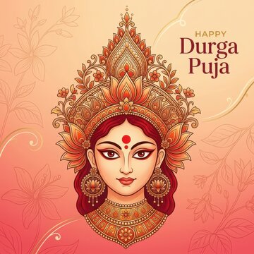 Devi Durga goddess portrait wearing ornate crown jewelry bright orange and red colors for Hindu festival happy Durga Puja celebration.