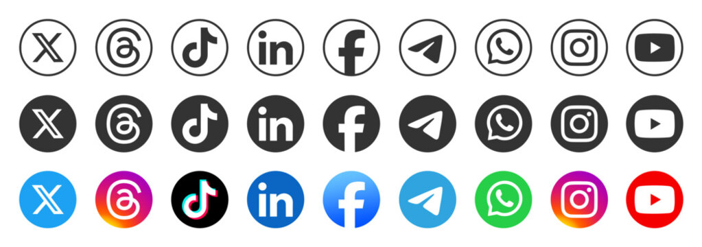 Popular social media icons circle buttons collection 2026. social network logos communication icon set. 