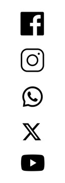 Popular five social media icons symbol collection. vector monochrome logos set of instagram, facebook, X, WhatsApp, youtube