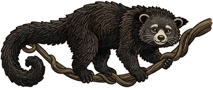 Binturong, bearcat and animal on vine for nature, wildlife and zoo education. Bearcat, mascot and mammal with tail in jungle for biology, biological conservation and exotic species character graphic