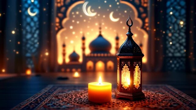 Ornate lantern, candle, and mosque in soft, warm light