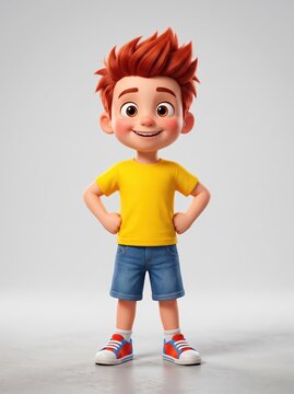 Smiling cartoon boy standing with hands on hips against a plain gray background. Child character illustration. Childhood, confidence and self-esteem concept. 3D animation style.