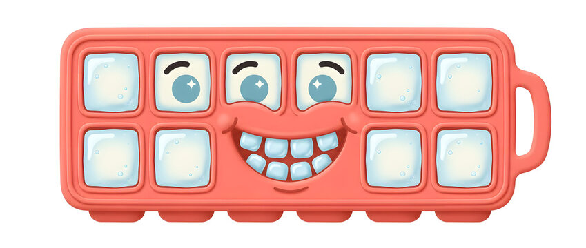 Ice cube tray, pink character and kitchen accessory on white background for lifestyle, household and product design. Funny face, frozen water and container for cooling, summer and refreshment.