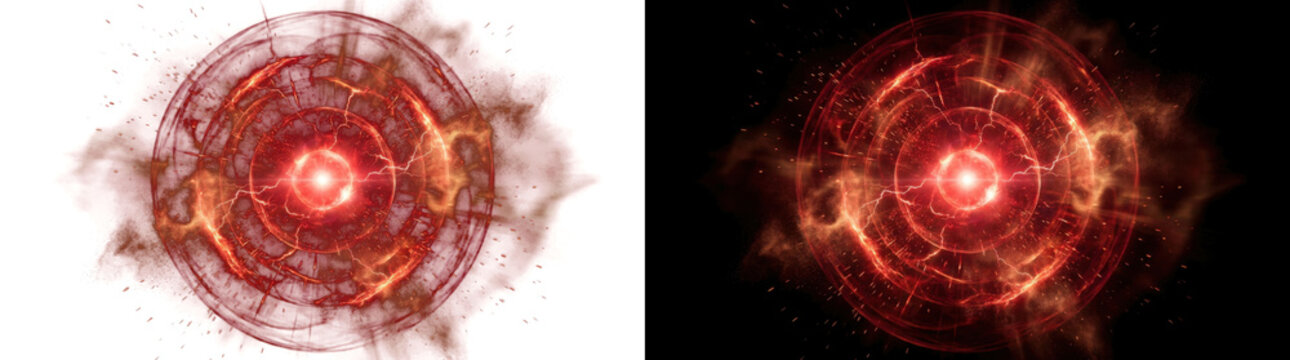 Png of abstract red energy sphere with glowing particles and light rays, powerful magical explosion effect, scifi fantasy element, high quality digital art isolated on transparent background
