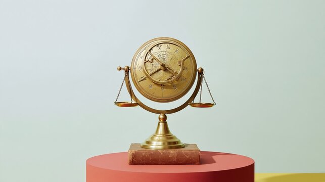 Vintage brass astrolabe with zodiac symbols and scales resting on an old book, featuring weathered textures for conceptual advertising with copy space