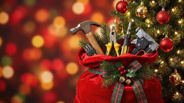 Christmas gift bag filled with tools next to a decorated Christmas tree