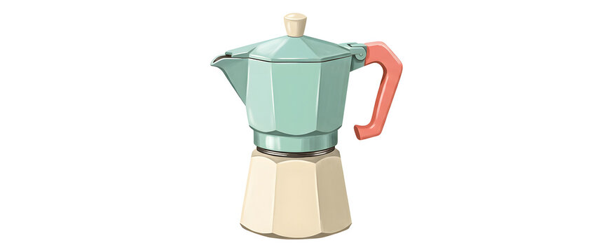 Moka pot, coffee and maker on white background for kitchen, cafe and breakfast routine. Italian kettle, brewing and beverage with vintage style, classic design and caffeine morning drink for energy