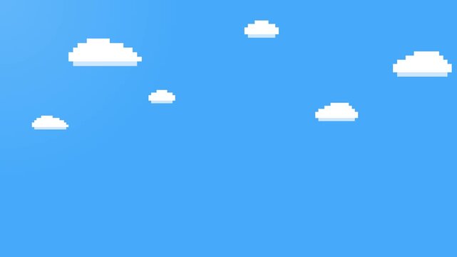 Pixel Art Style Blue Sky with Animated White Clouds Moving for Retro Video Game Background Loop