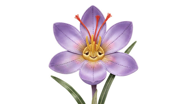 Saffron flower mascot, purple crocus and blossom on white background for health, culinary spice and organic cooking. Cute plant, nature and petal character for logo design, branding and marketing.