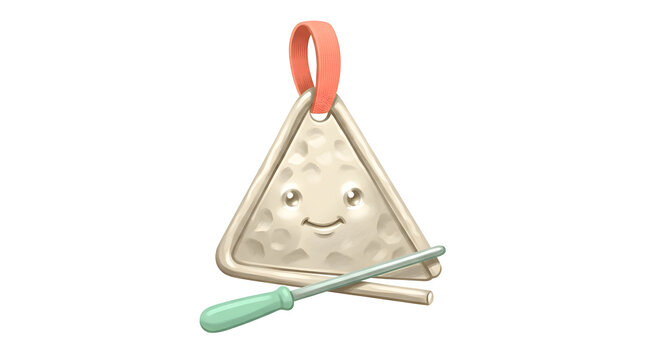 Triangle musical instrument, character and face with beater for education, school music and preschool activity. Cute metal, percussion and percussionist with handle, sound and rhythm on white paper.