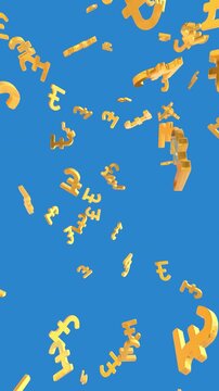 Luxury gold Pound currency symbols falling down effect on transparent solid background. Pound sign shining particle explosion 4K Financial Business Concept.
