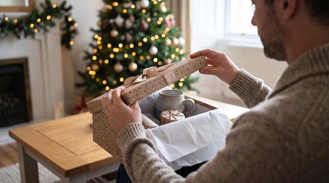 Man opening Christmas gift box with festive tree in background