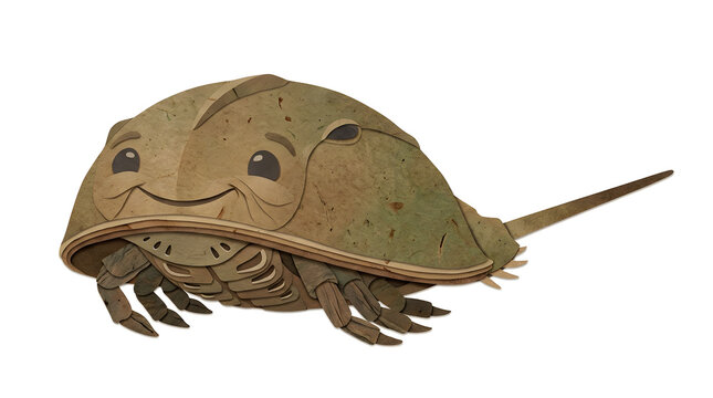 Horseshoe crab, marine life and sea creature on white background for education, ocean study and coastal nature. Prehistoric arthropod, crustacean and aquatic animal with paper texture for kids scienc