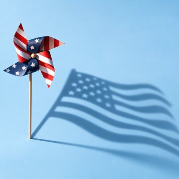 American flag pinwheel on a stick casting a waving flag shadow, featuring sharp dramatic lighting and blue copy space for patriotic campaigns