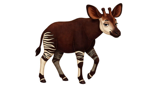 Okapi, wild animal and african giraffe relative on white background for education, nature study and wildlife conservation. Cute mammal, forest creature and exotic species with stripes and fur.