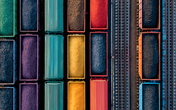 Colorful freight train cars filled with coal parallel railway tracks, industrial transportation scene with vibrant wagon, overhead view, energy supply and resource, organized railway yard
