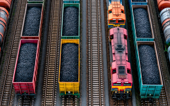 Colorful freight train cars filled with coal parallel railway tracks, industrial transportation scene with vibrant wagon, overhead view, energy supply and resource, organized railway yard