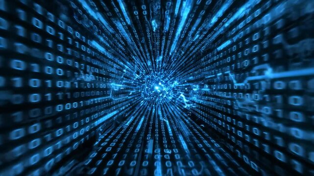 Abstract blue digital data stream tunnel, binary code flowing rapidly into a bright glowing center, technology and information concept, futuristic cyberspace